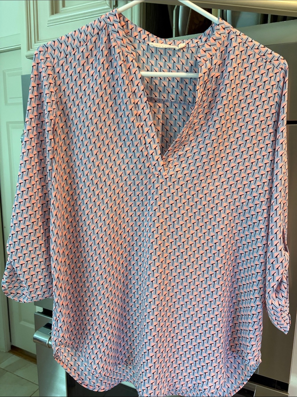 Lush Coral Pink & Light Blue Geometric V-Neck Tunic